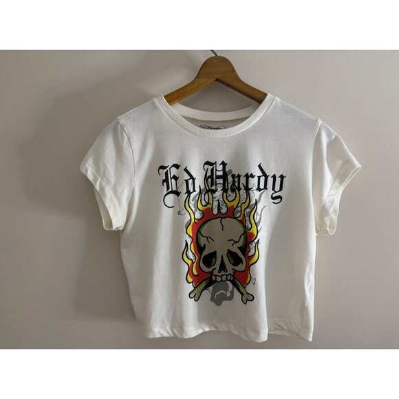 Ed Hardy Flame Skull Cropped Baby T-Shirt White Size Large 90s Sexy Tattoo - Picture 2 of 11